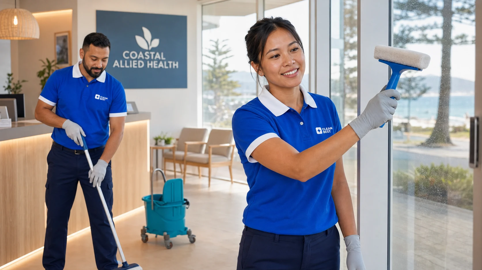 Clean Best cleaner disinfecting a consulting room in a medical practice, examination bed and wall-mounted sharps bin visible