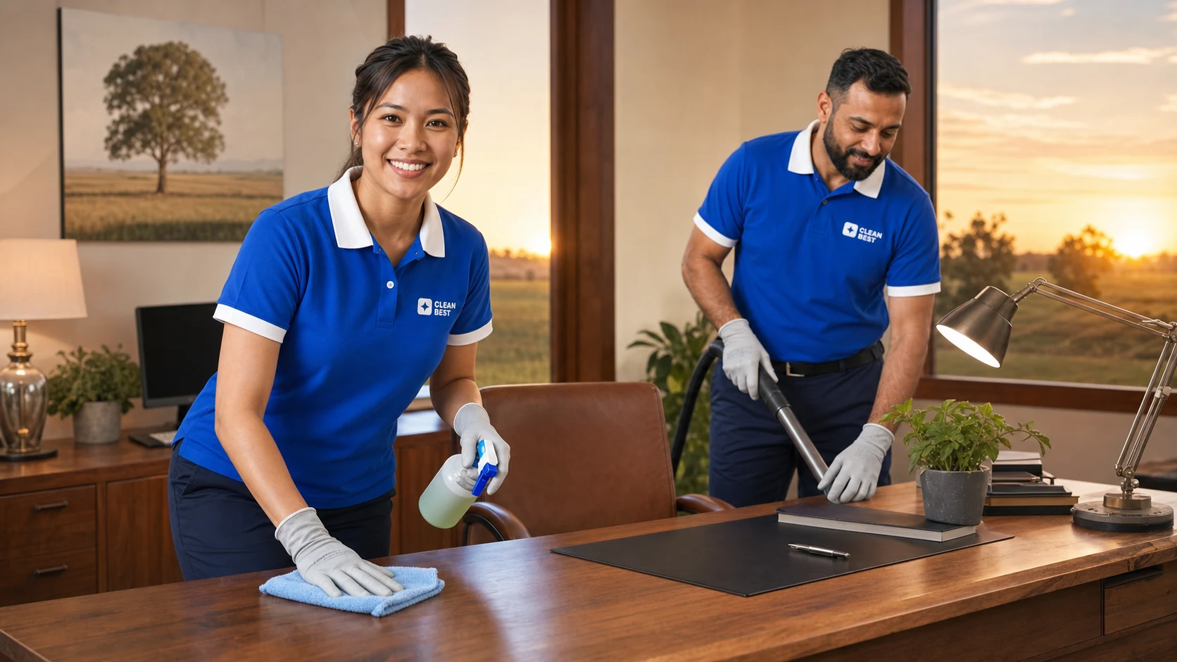 Clean Best cleaner vacuuming an open-plan office after hours, desks and monitors visible