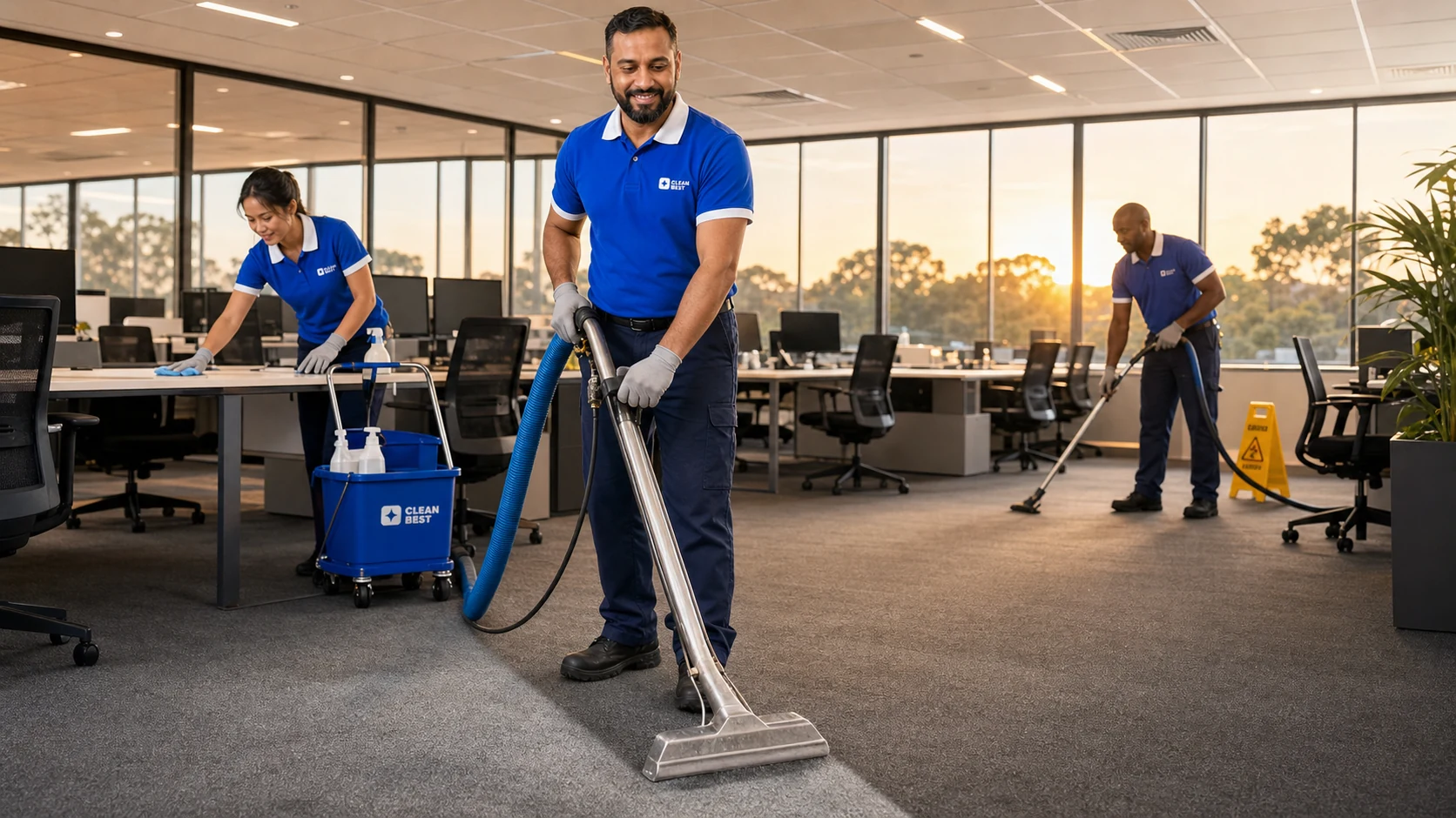 Clean Best cleaner mopping the floor of a retail store after close, with stock racks and a till counter behind