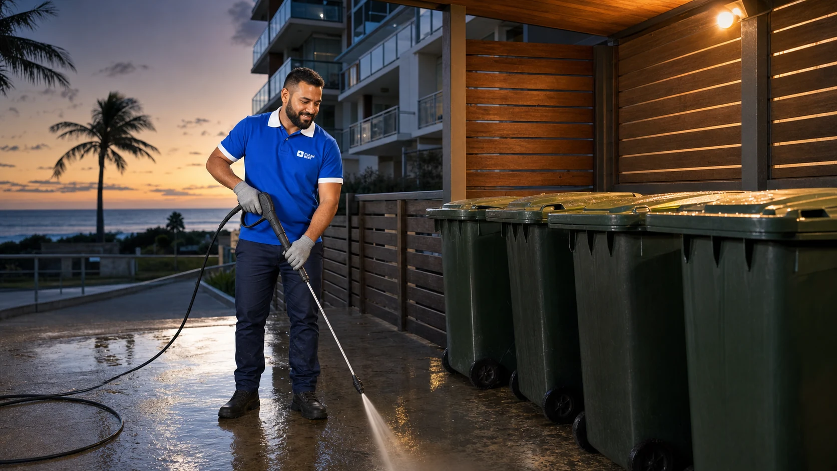 Clean Best cleaner cleaning the glass entry doors and mailbox bank of an apartment building lobby