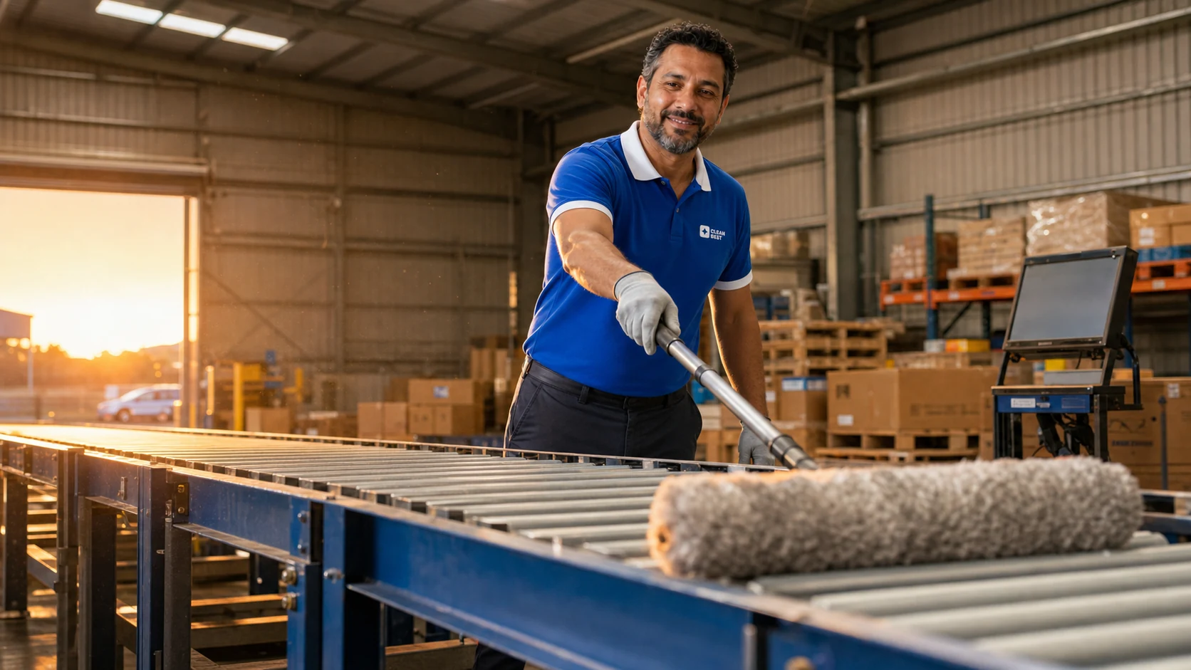 Clean Best operator driving a floor scrubber down a working warehouse aisle beside loaded pallet racking
